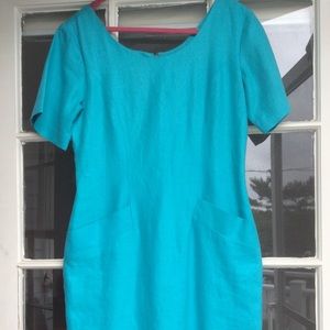 Vintage 100% linen lined turquoise dress with pockets Ellen Ashley size 8